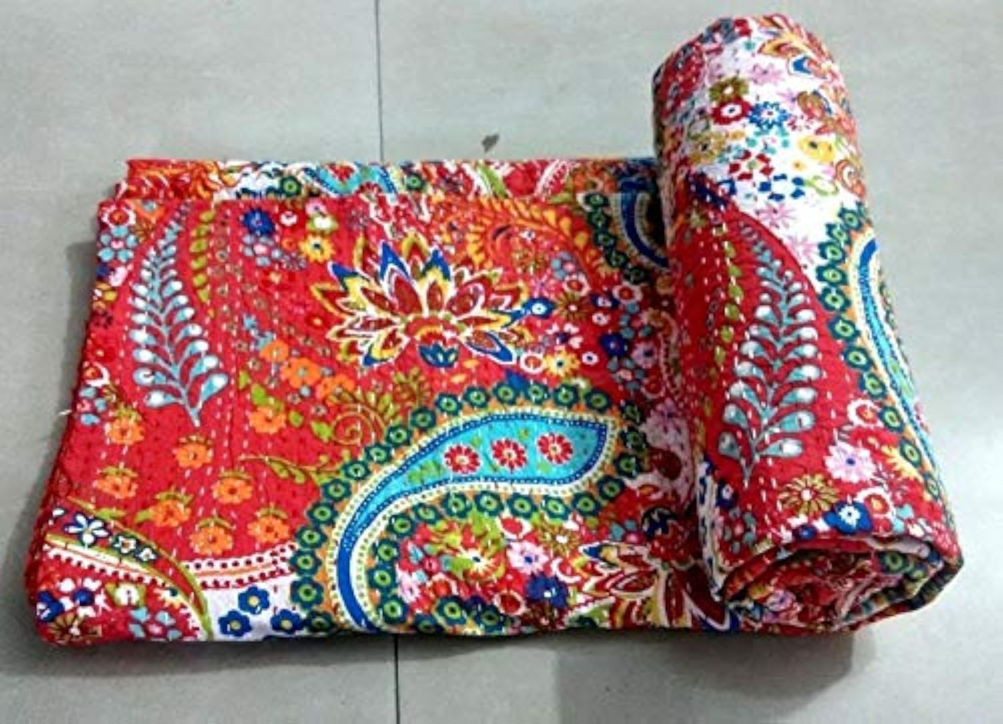 Handmade Kantha Quilt King Size, Bohemian Bedspread, Red